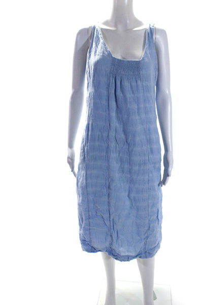 Eileen Fisher Womens Scoop Neck Sleeveless Midi Shift Dress Blue Linen Size PL