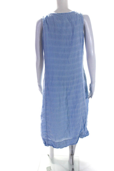 Eileen Fisher Womens Scoop Neck Sleeveless Midi Shift Dress Blue Linen Size PL