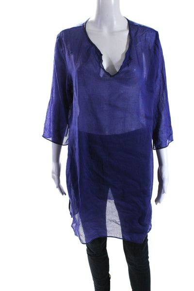 Eileen Fisher Womens Beaded Trim Y Neck Voile Tunic Blouse Blue Size Large