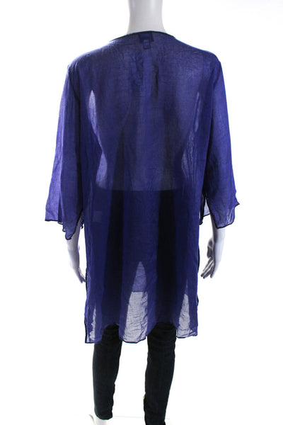 Eileen Fisher Womens Beaded Trim Y Neck Voile Tunic Blouse Blue Size Large