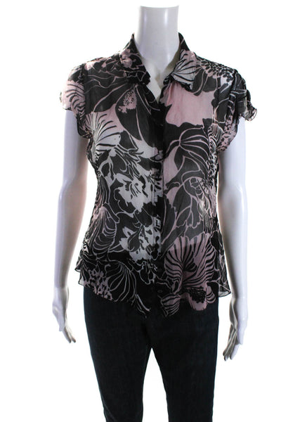 Elie Tahari Womens Cap Sleeve Floral Chiffon Button Up Blouse Pink Black Large