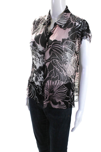 Elie Tahari Womens Cap Sleeve Floral Chiffon Button Up Blouse Pink Black Large