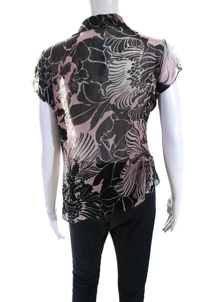 Elie Tahari Womens Cap Sleeve Floral Chiffon Button Up Blouse Pink Black Large