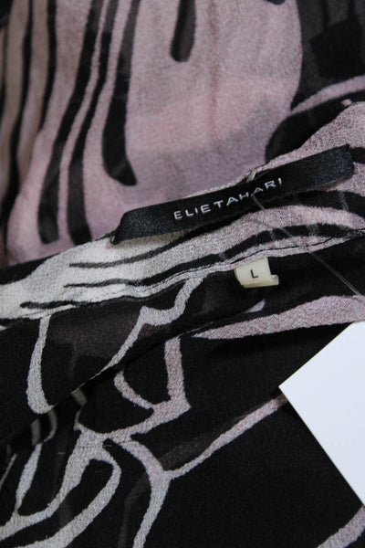Elie Tahari Womens Cap Sleeve Floral Chiffon Button Up Blouse Pink Black Large