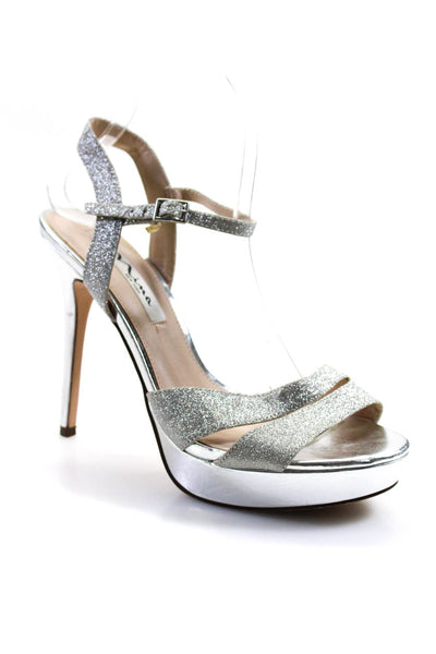 Nina Womens Metallic Leather Glitter Strappy Stiletto Sandals Silver Size 39 9