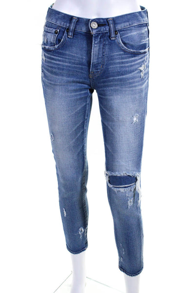 Moussy Womens Zipper Fly High Rise Distressed Skinny Jeans Blue Cotton Size 25