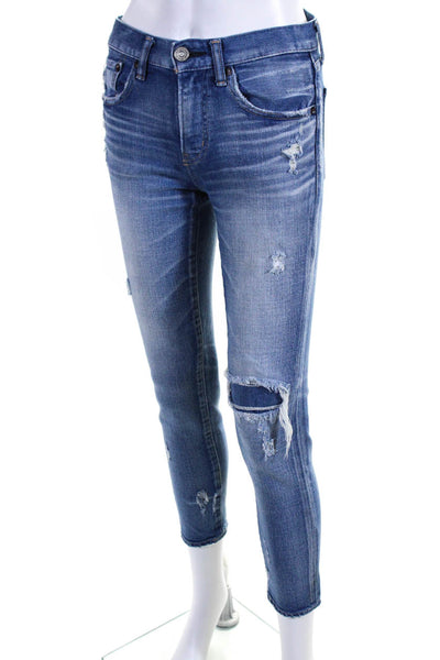 Moussy Womens Zipper Fly High Rise Distressed Skinny Jeans Blue Cotton Size 25