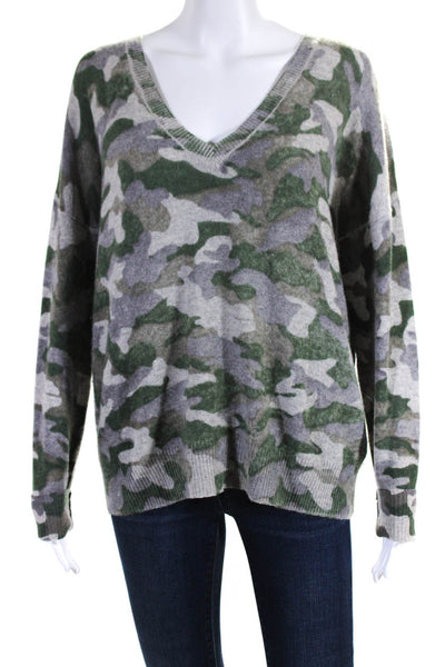 27 Miles Womens Cashmere V Neck Camouflage Sweater Gray Green Size Small