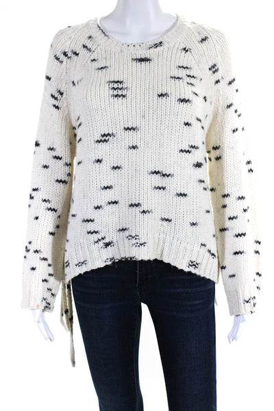 John + Jenn Womens Long Sleeve Crew Neck Open Knit Sweater White Black Small