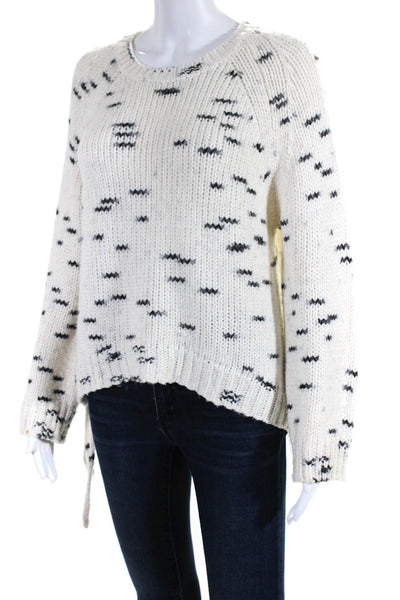 John + Jenn Womens Long Sleeve Crew Neck Open Knit Sweater White Black Small