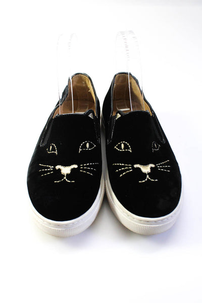 Charlotte Olympia Womens Slip On Velvet Metallic Cat Sneakers Black Size 35.5