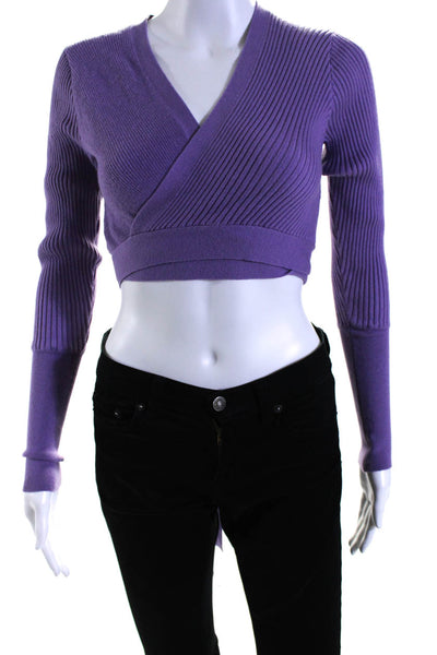 Toccin Womens Purple Ribbed Tie Long Sleeve Crop Cardigan Sweater Top Size S