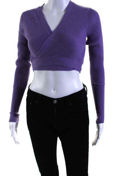 Toccin Womens Purple Ribbed Tie Long Sleeve Crop Cardigan Sweater Top Size S