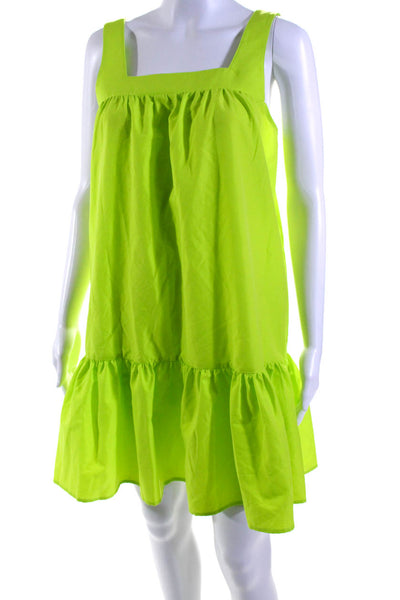 LDT Womens Ruffle Trim Square Neck Sleeveless Mini Dress Neon Green Size 4