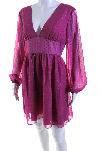 LDT Womens Metallic Polka Dot V-Neck Long Sleeve Zip Up Mini Dress Pink Size 4