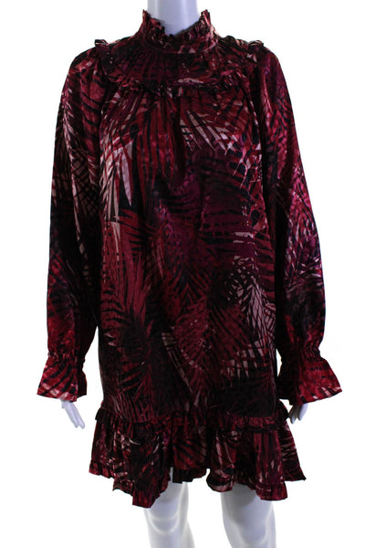 LDT Womens Plant Print Ruffle Trim High Neck Long Sleeve Dress Red Size 4