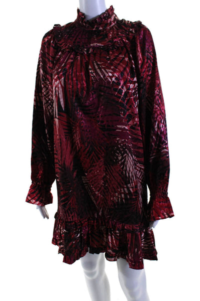 LDT Womens Plant Print Ruffle Trim High Neck Long Sleeve Dress Red Size 4