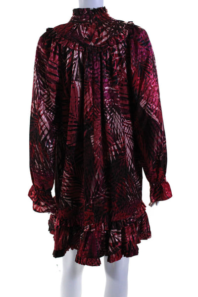 LDT Womens Plant Print Ruffle Trim High Neck Long Sleeve Dress Red Size 4