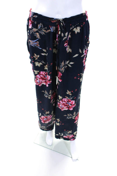 Joie Womens High Rise Drawstring Floral Silk Straight Leg Pants Navy Size Large
