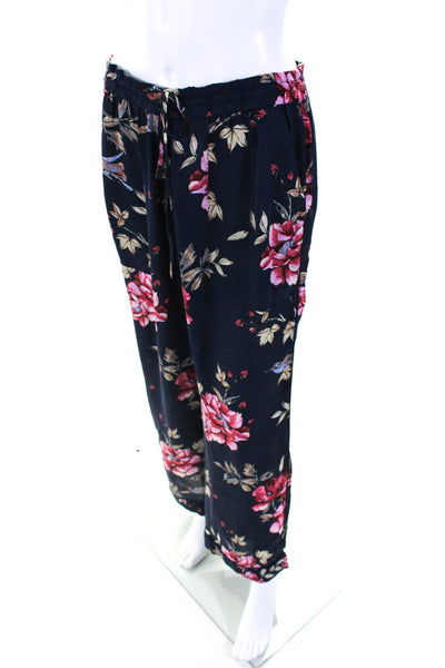 Joie Womens High Rise Drawstring Floral Silk Straight Leg Pants Navy Size Large