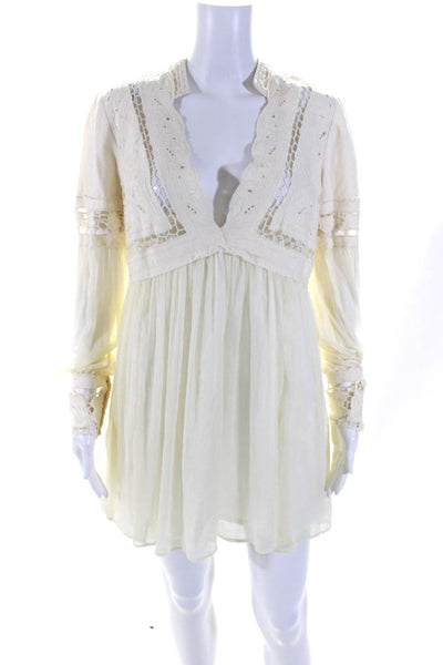 Free People Womens Textured Lace V-Neck Long Sleeve Pullover Dress Beige Size 6