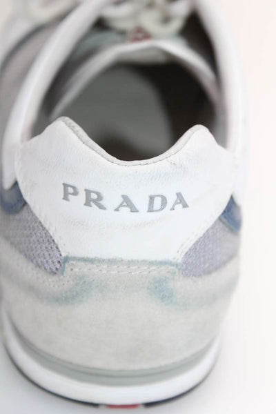 Prada Mens Metallic Round Toe Lace Up Low Top Fashion Sneakers White Size 7.5