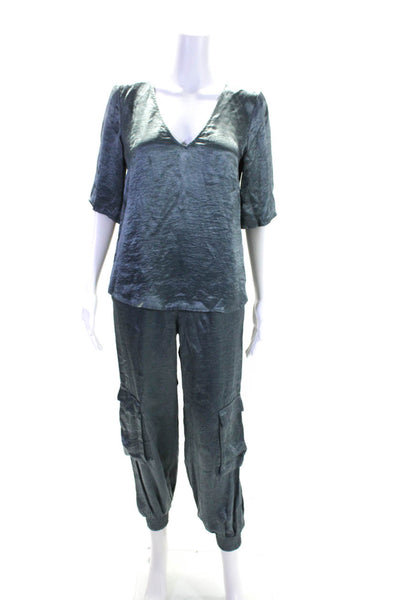 Sally LaPointe Womens Gray V-Neck Short Sleeve Blouse Top Pants Set Size 0