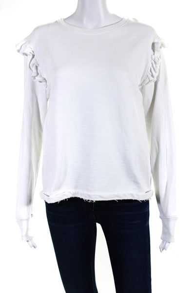 Leallo Womens Pullover Scoop Neck Ruffled Sweatshirt White Cotton Size Small