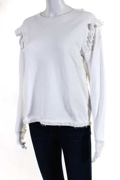 Leallo Womens Pullover Scoop Neck Ruffled Sweatshirt White Cotton Size Small