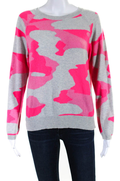 Brodie Womens Scoop Neck Camouflage Print Cashmere Sweater Gray Pink Size Small