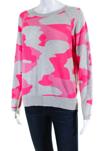 Brodie Womens Scoop Neck Camouflage Print Cashmere Sweater Gray Pink Size Small