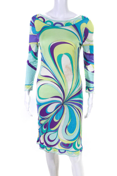 Emilio Pucci Womens Multicolor Printed V-Neck Long Sleeve Shift Dress Size S