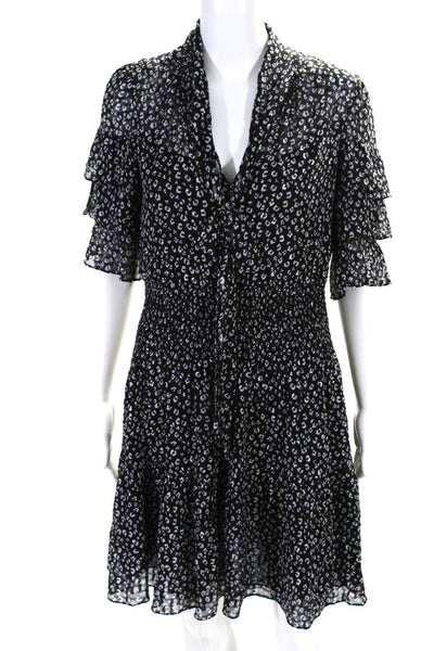 Rebecca Taylor Womens Black Leopard Print Silk Short Sleeve Shift Dress Size 4