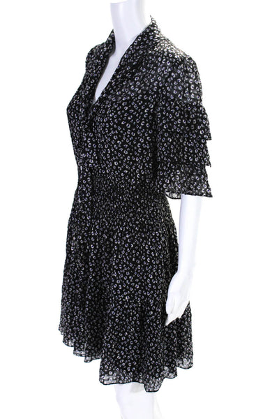 Rebecca Taylor Womens Black Leopard Print Silk Short Sleeve Shift Dress Size 4