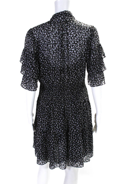 Rebecca Taylor Womens Black Leopard Print Silk Short Sleeve Shift Dress Size 4