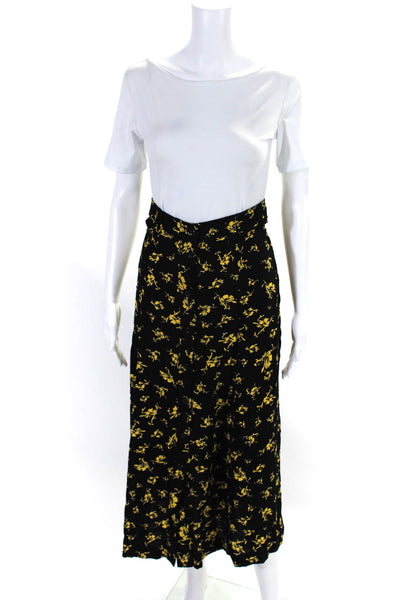 Ganni Womens Black Yellow Floral Print Button Front Midi A-Line Skirt Size 34