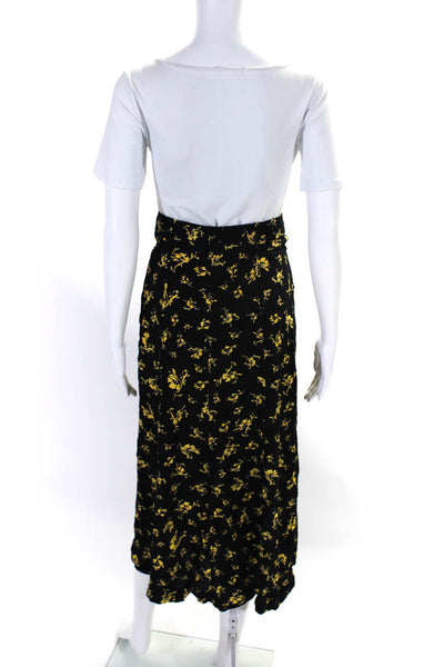 Ganni Womens Black Yellow Floral Print Button Front Midi A-Line Skirt Size 34