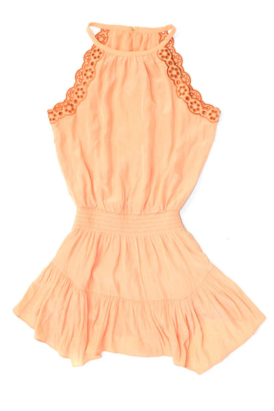 Ramy Brook Girls Halter Neck Embroidered Smocked Blouson Dress Orange Size 8-9Y