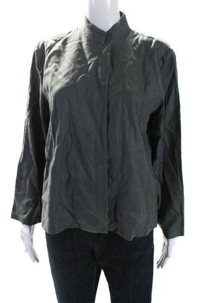 Eileen Fisher Womens High Neck Hidden Button Shirt Jacket Gray Silk Size Large