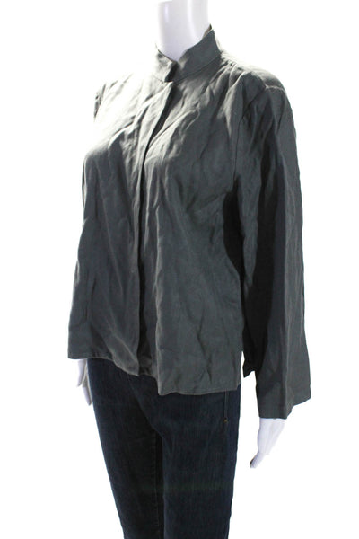 Eileen Fisher Womens High Neck Hidden Button Shirt Jacket Gray Silk Size Large