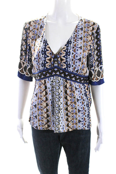 Elie Tahari Womens Abstract Short Sleeve V Neck Top Blouse Blue Brown Size Small