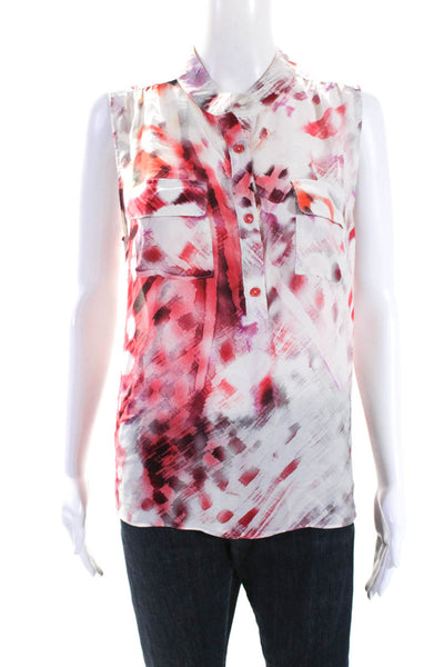 Parker Womens Abstract Sleeveless Y Neck Top Blouse Pink White Size Large