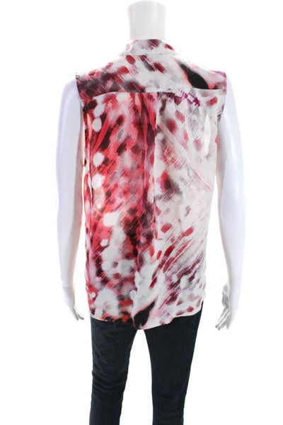 Parker Womens Abstract Sleeveless Y Neck Top Blouse Pink White Size Large