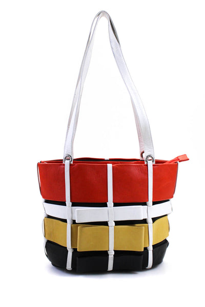 Renato Angi Women Colorblock Leather Strip Shoulder Bag Handbag Red Yellow Black