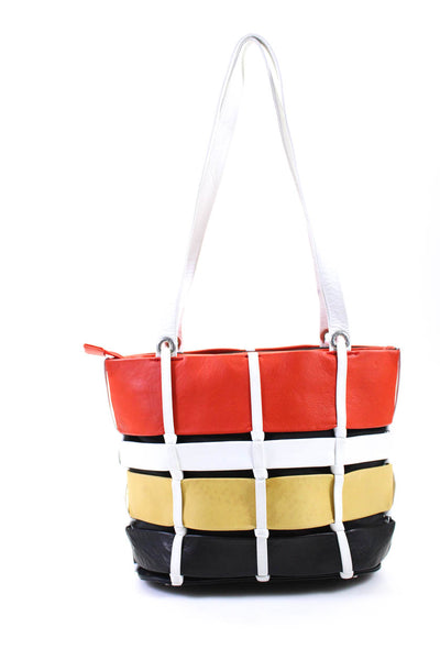 Renato Angi Women Colorblock Leather Strip Shoulder Bag Handbag Red Yellow Black