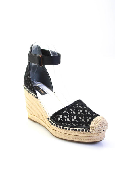 Franco Sarto Womens Embroidered Ankle Strap Espadrille Wedges Black Size 7M