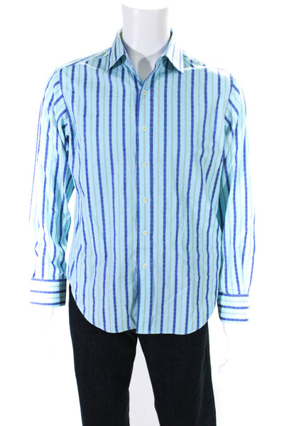 Robert Graham Mens Cotton Striped Print Collared Button Down Shirt Blue Size S