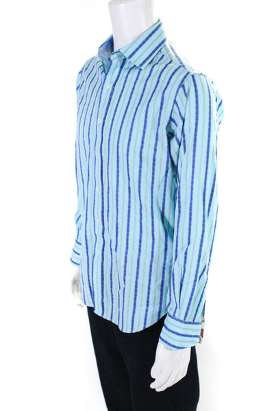 Robert Graham Mens Cotton Striped Print Collared Button Down Shirt Blue Size S