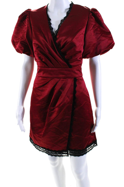 LDT Womens Satin Pleated Lace Trim V-Neck Short Sleeve Zip Up Dress Red Size 4