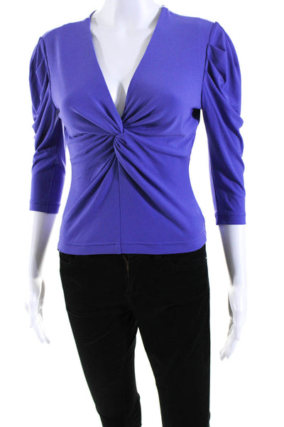 LDT Womens Stretch V-Neck Long Sleeve Pullover Blouse Top Purple Size S